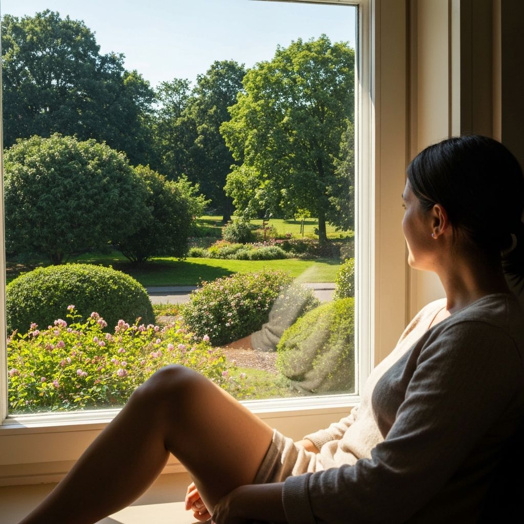 Person macht Pause vom Bildschirm und schaut aus Fenster